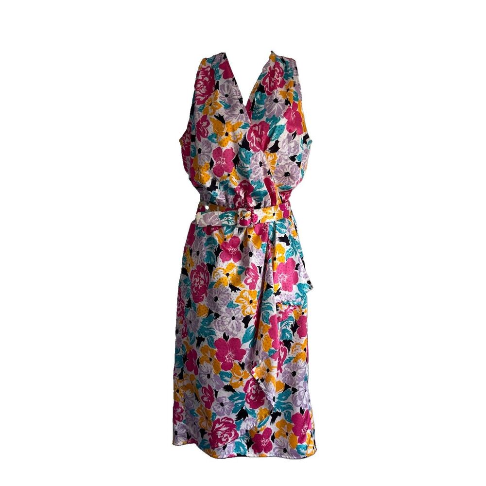 Vintage 80's Halston lll Floral Satin Dress Womens Size 10 Sleeveless Belted